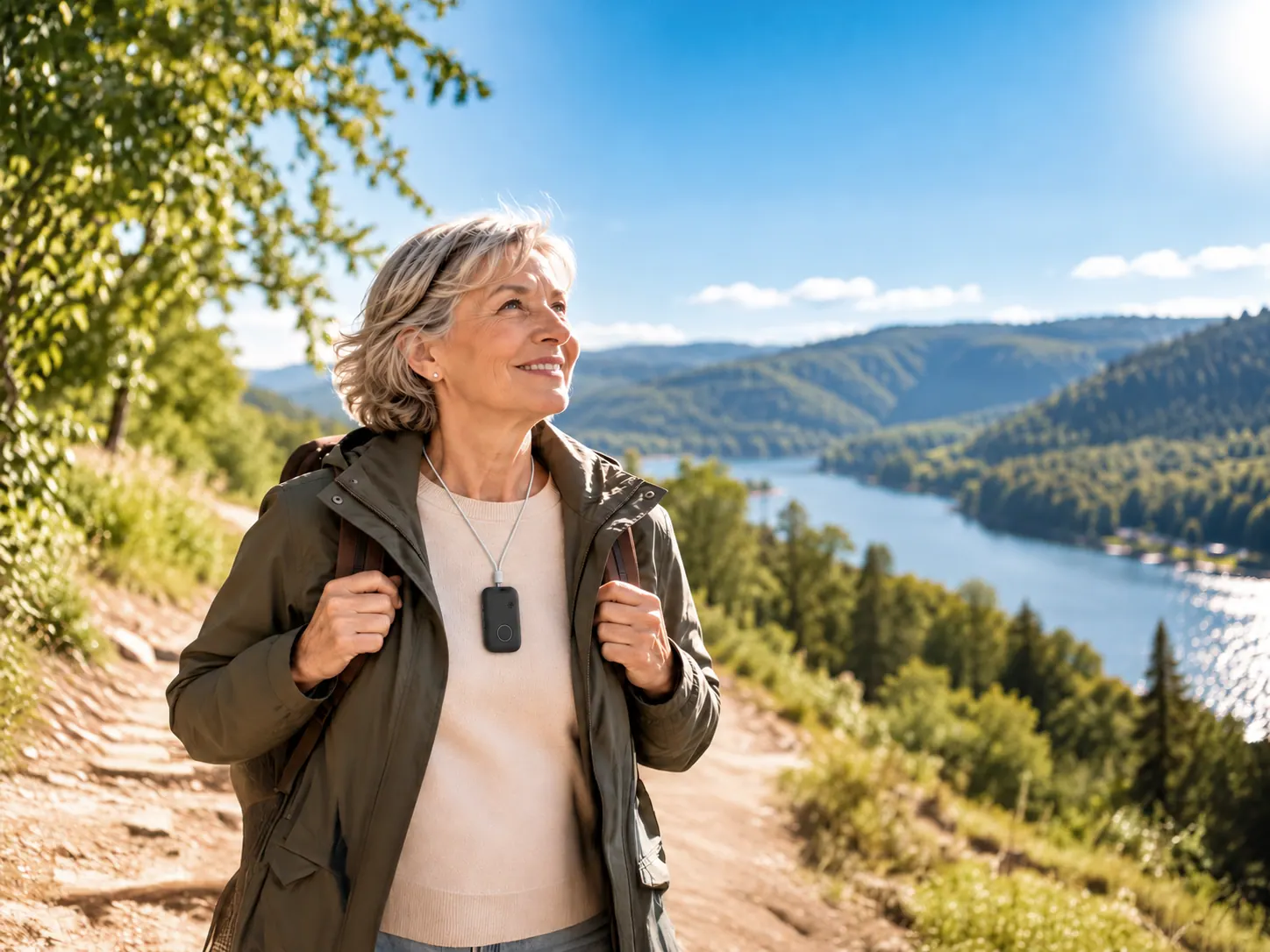 Seniorin genießt vom Aussichtspunkt den Blick über einen See
