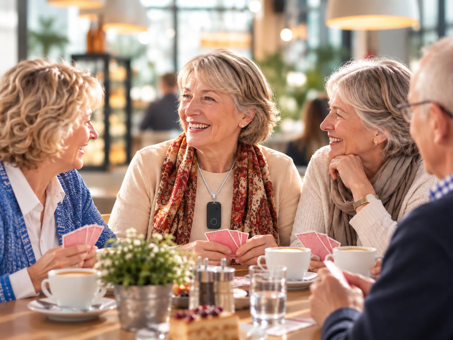 Seniorin beim Kartenspiel mit Freunden im Café