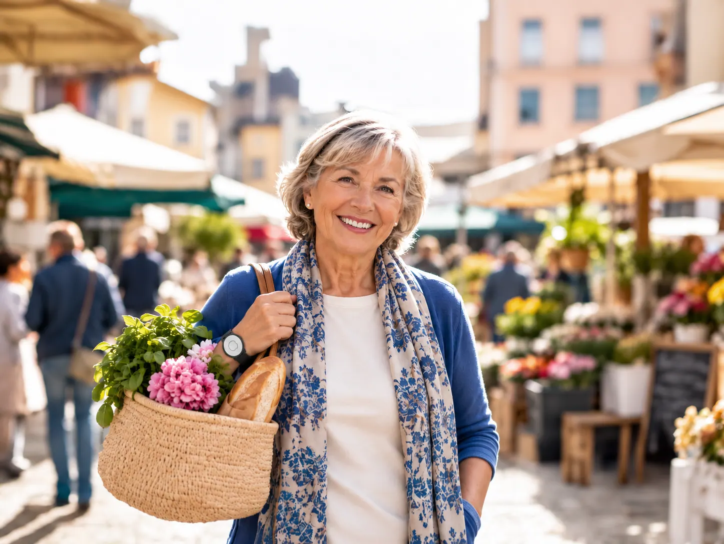 Seniorin mit Einkaufskorb auf dem Wochenmarkt